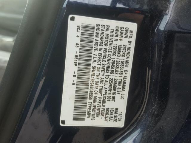 5FNRL18694B045555 - 2004 HONDA ODYSSEY EX BLUE photo 10