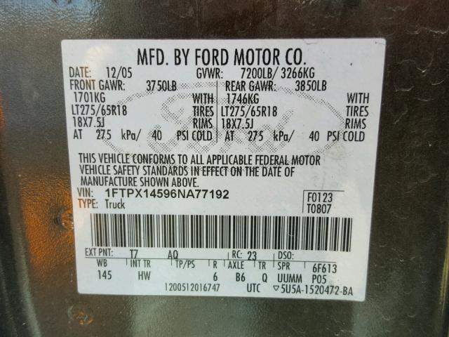 1FTPX14596NA77192 - 2006 FORD F150 BLACK photo 10