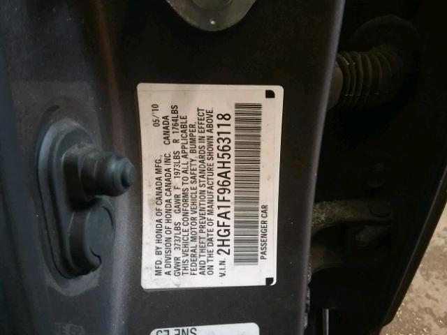 2HGFA1F96AH563118 - 2010 HONDA CIVIC EXL GRAY photo 10