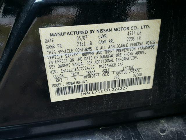 1N4CL21E57C224227 - 2007 NISSAN ALTIMA HYB BLACK photo 10