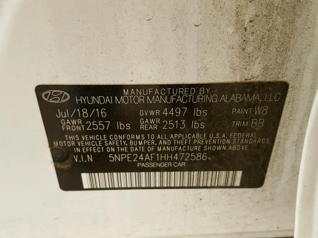 5NPE24AF1HH472586 - 2017 HYUNDAI SONATA SE WHITE photo 10