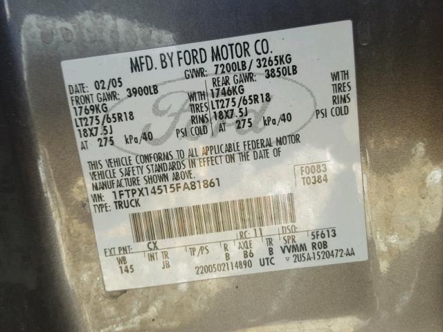 1FTPX14515FA81861 - 2005 FORD F150 GRAY photo 10