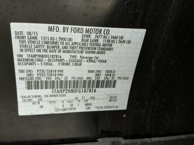 1FAHP2H80FG187816 - 2015 FORD TAURUS SEL BLACK photo 10