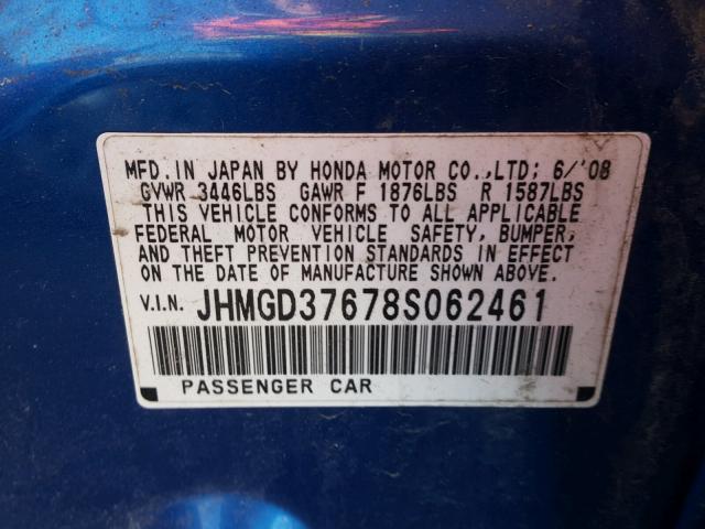 JHMGD37678S062461 - 2008 HONDA FIT SPORT BLUE photo 10