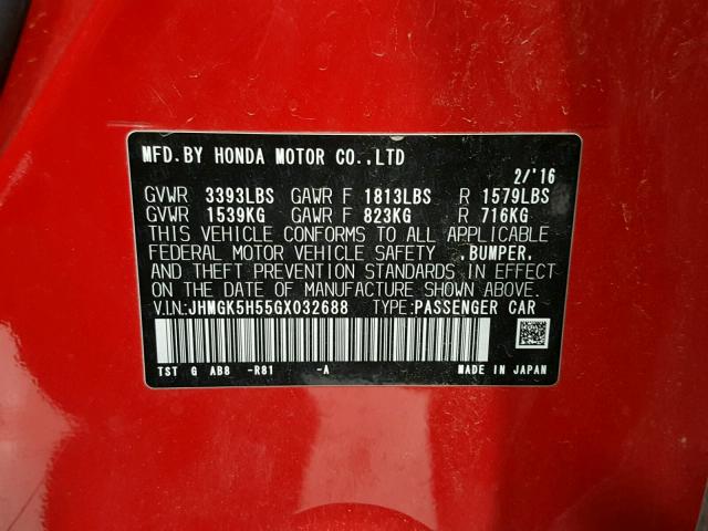 JHMGK5H55GX032688 - 2016 HONDA FIT LX أحمر صورة 10