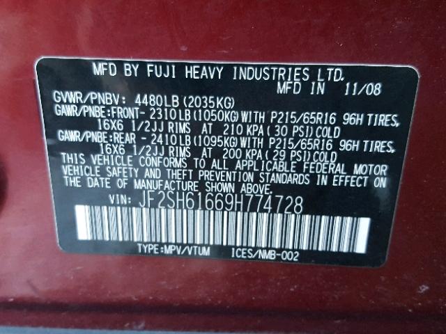 JF2SH61669H774728 - 2009 SUBARU FORESTER 2 BURGUNDY photo 10