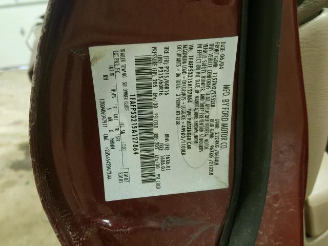 1FAFP53215A127864 - 2005 FORD TAURUS SE MAROON photo 10