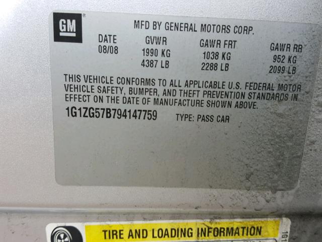 1G1ZG57B794147759 - 2009 CHEVROLET MALIBU LS 银色 照片 10