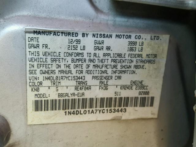 1N4DL01A7YC153443 - 2000 NISSAN ALTIMA XE SILVER photo 10