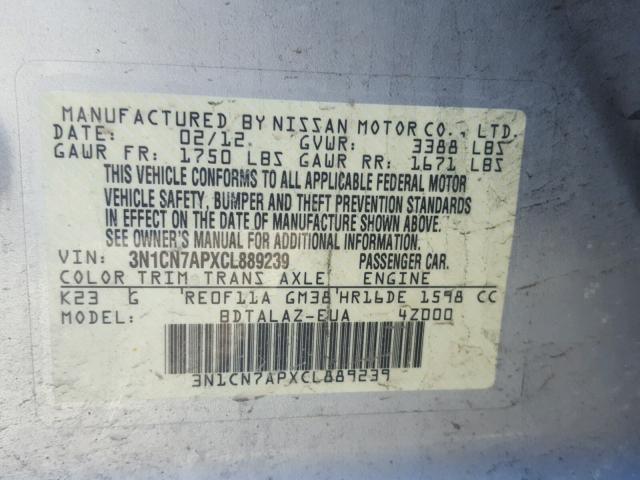 3N1CN7APXCL889239 - 2012 NISSAN VERSA S SILVER photo 10