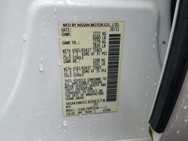 5N1AR1NN2CC606578 - 2012 NISSAN PATHFINDER WHITE photo 10