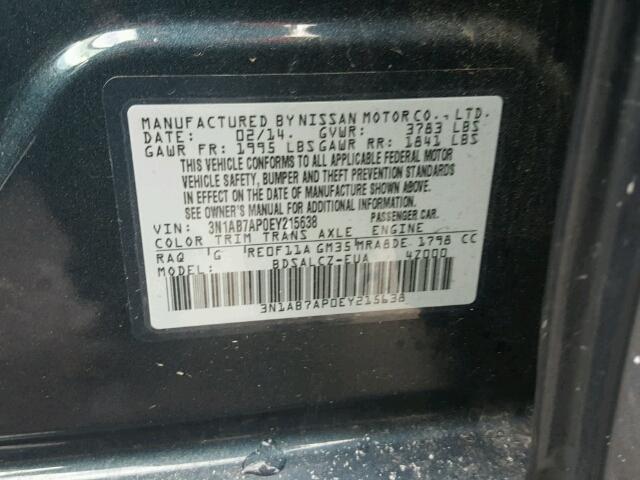 3N1AB7AP0EY215638 - 2014 NISSAN SENTRA S BLACK photo 10