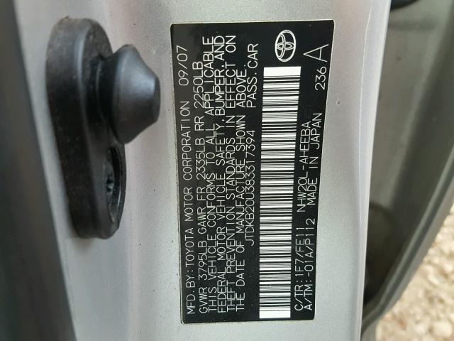 JTDKB20U383317394 - 2008 TOYOTA PRIUS SILVER photo 10