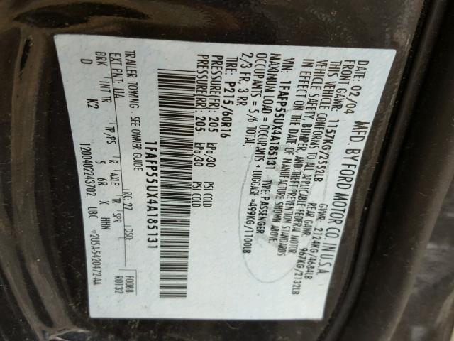 1FAFP55UX4A185131 - 2004 FORD TAURUS SES BLACK photo 10