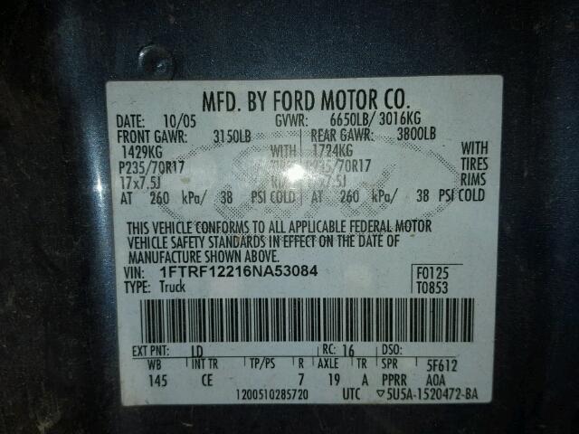 1FTRF12216NA53084 - 2006 FORD F150 BLUE photo 10