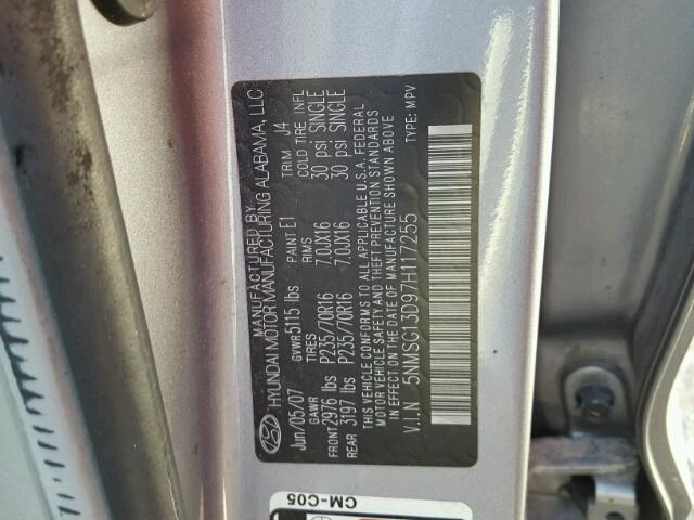 5NMSG13D97H117255 - 2007 HYUNDAI SANTA FE G SILVER photo 10