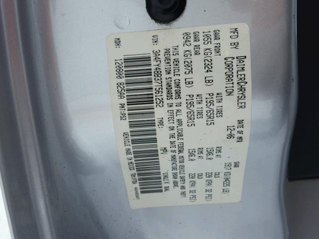 3A4FY48B37T561252 - 2007 CHRYSLER PT CRUISER SILVER photo 10