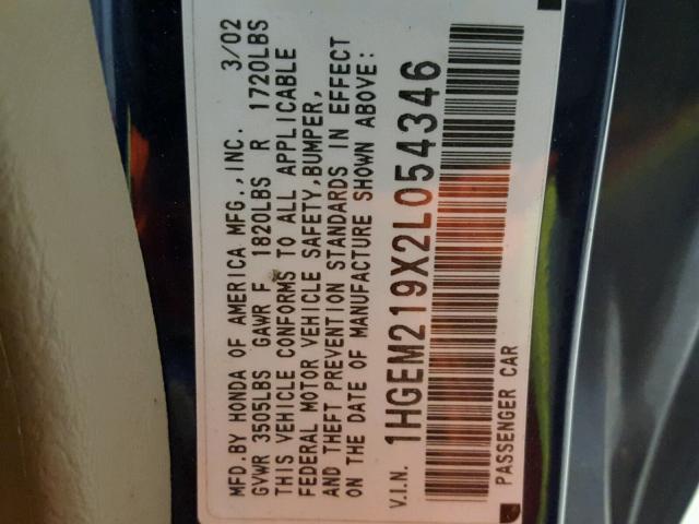 1HGEM219X2L054346 - 2002 HONDA CIVIC EX ლურჯი ფოტო 10