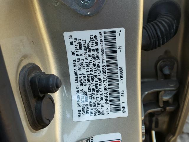 1HGFA16817L023565 - 2007 HONDA CIVIC EX BEIGE photo 10