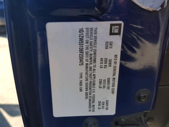 1G1ZW53136F230475 - 2006 CHEVROLET MALIBU SS Mavi foto 10