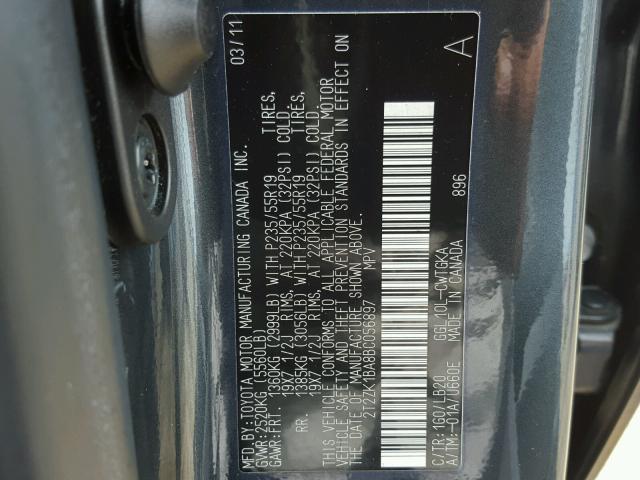 2T2ZK1BA8BC056897 - 2011 LEXUS RX 350 GRAY photo 10