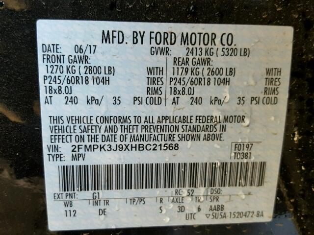 2FMPK3J9XHBC21568 - 2017 FORD EDGE SEL BLACK photo 10