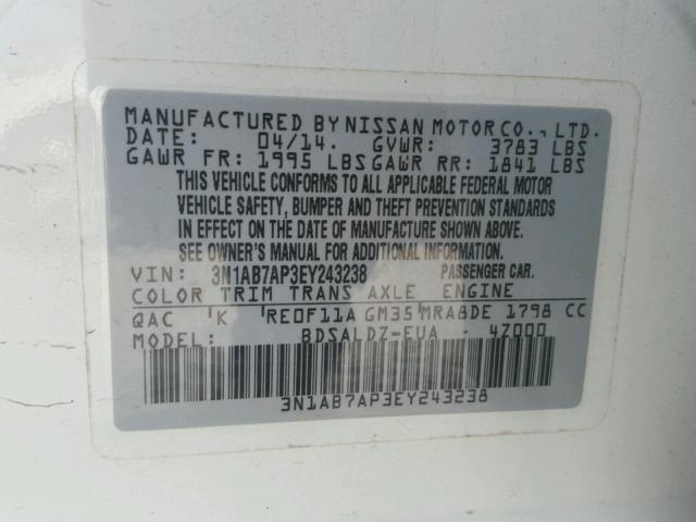 3N1AB7AP3EY243238 - 2014 NISSAN SENTRA S WHITE photo 10