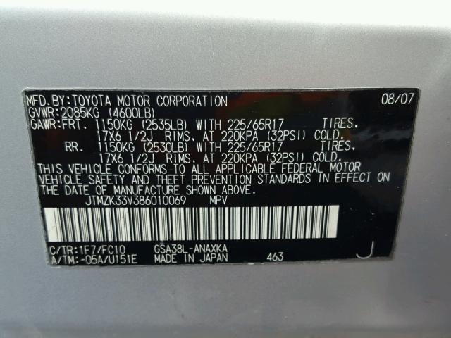 JTMZK33V386010069 - 2008 TOYOTA RAV4 SILVER photo 10