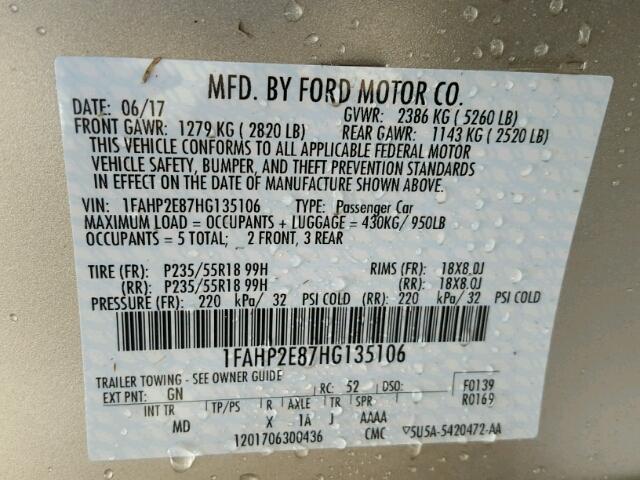 1FAHP2E87HG135106 - 2017 FORD TAURUS SEL TAN photo 10