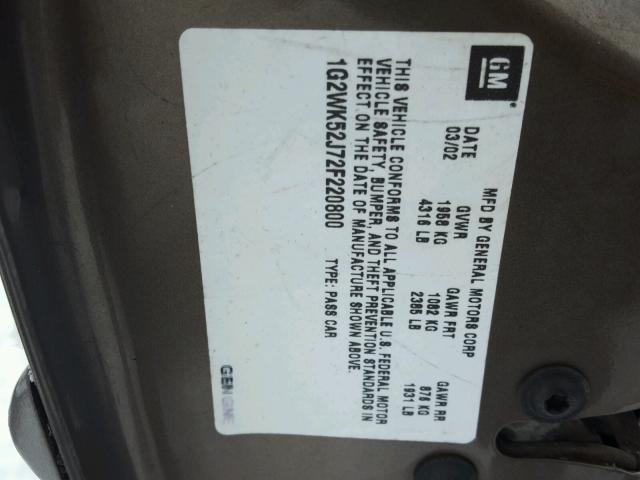 1G2WK52J72F220800 - 2002 PONTIAC GRAND PRIX BROWN photo 10