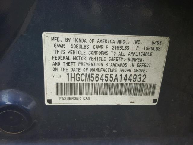 1HGCM56455A144932 - 2005 HONDA ACCORD LX BLUE photo 10