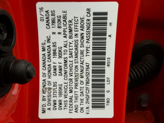 2HGFC2F78GH527647 - 2016 HONDA CIVIC EX RED photo 10