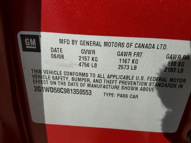 2G1WD58C981350553 - 2008 CHEVROLET IMPALA SUP RED photo 10