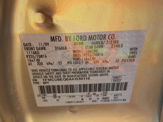 1FMCU9EG0AKB30115 - 2010 FORD ESCAPE LIM GOLD photo 10