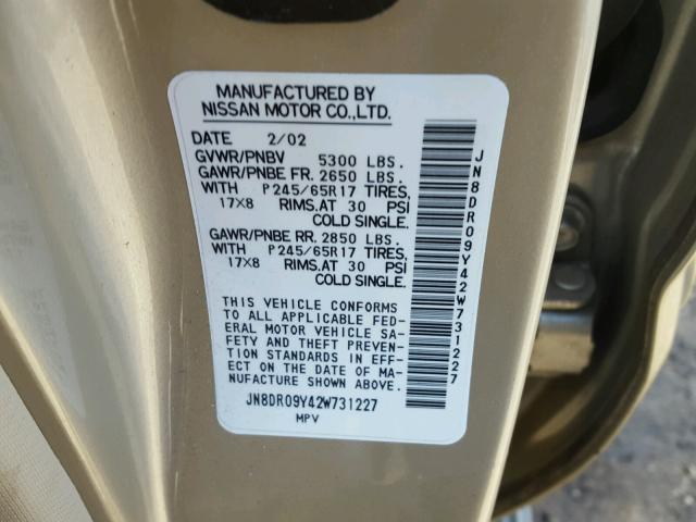 JN8DR09Y42W731227 - 2002 NISSAN PATHFINDER GOLD photo 10