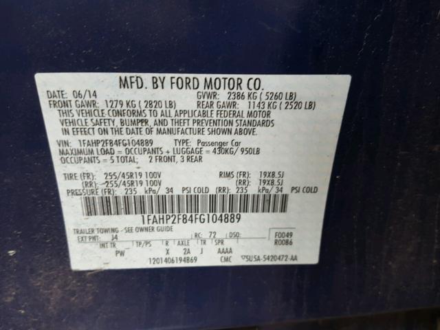 1FAHP2F84FG104889 - 2015 FORD TAURUS LIM BLUE photo 10