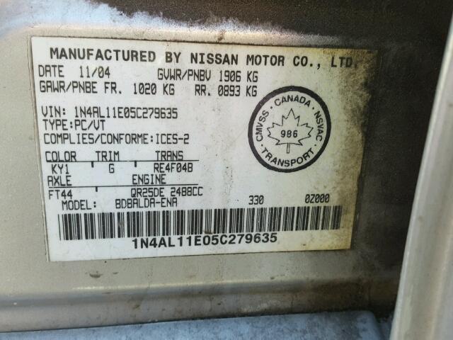 1N4AL11E05C279635 - 2005 NISSAN ALTIMA S SILVER photo 10