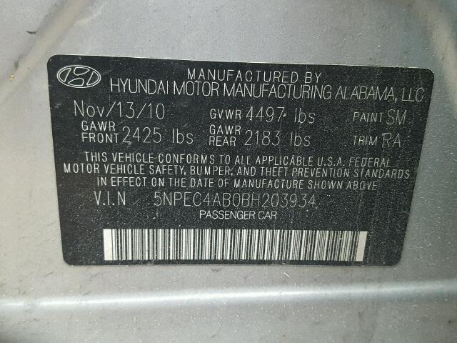 5NPEC4AB0BH203934 - 2011 HYUNDAI SONATA SE SILVER photo 10