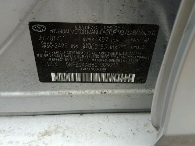 5NPEC4AB8CH329217 - 2012 HYUNDAI SONATA SE SILVER photo 10