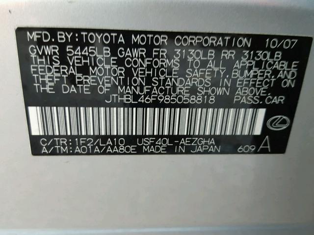 JTHBL46F985058818 - 2008 LEXUS LS 460 SILVER photo 10