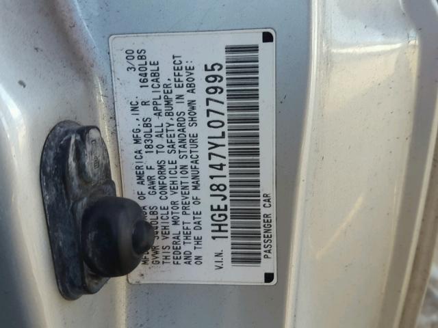 1HGEJ8147YL077995 - 2000 HONDA CIVIC EX ვერცხლისფერი ფოტო 10