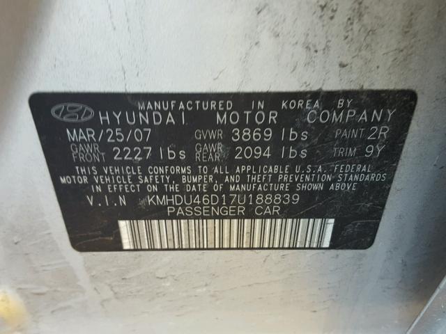 KMHDU46D17U188839 - 2007 HYUNDAI ELANTRA GL SILVER photo 10