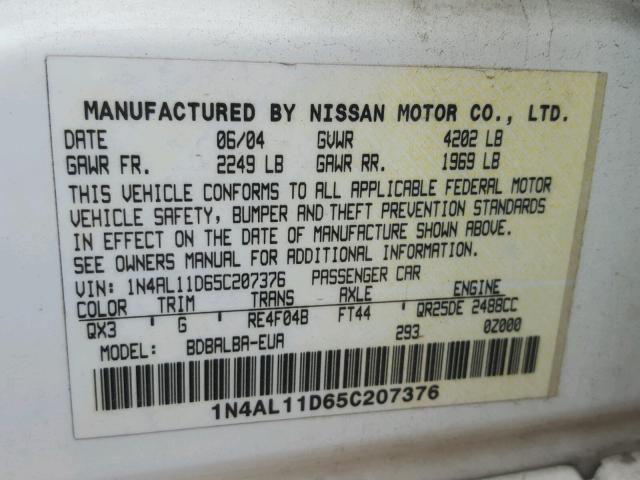 1N4AL11D65C207376 - 2005 NISSAN ALTIMA S WHITE photo 10