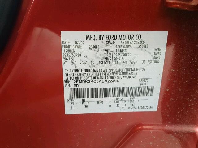 2FMDK3KC5ABA22494 - 2010 FORD EDGE LIMIT RED photo 10