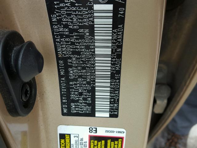 2T1BU4EE8BC748657 - 2011 TOYOTA COROLLA BA GOLD photo 10