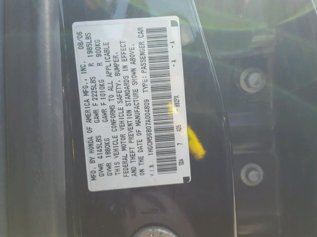 1HGCM56807A004809 - 2007 HONDA ACCORD EX BLACK photo 10