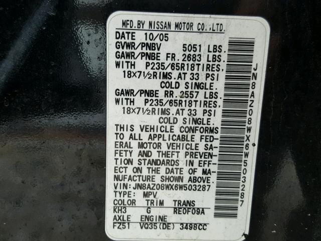 JN8AZ08WX6W503287 - 2006 NISSAN MURANO SL BLACK photo 10