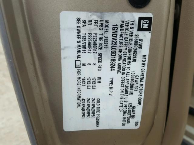 1GNDV23L05D189244 - 2005 CHEVROLET UPLANDER L GOLD photo 10