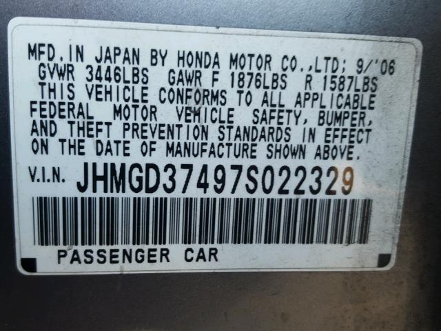 JHMGD37497S022329 - 2007 HONDA FIT GRAY photo 10