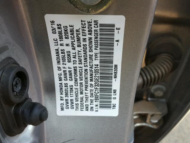 19XFC1F32GE210514 - 2016 HONDA CIVIC EX 银色 照片 10